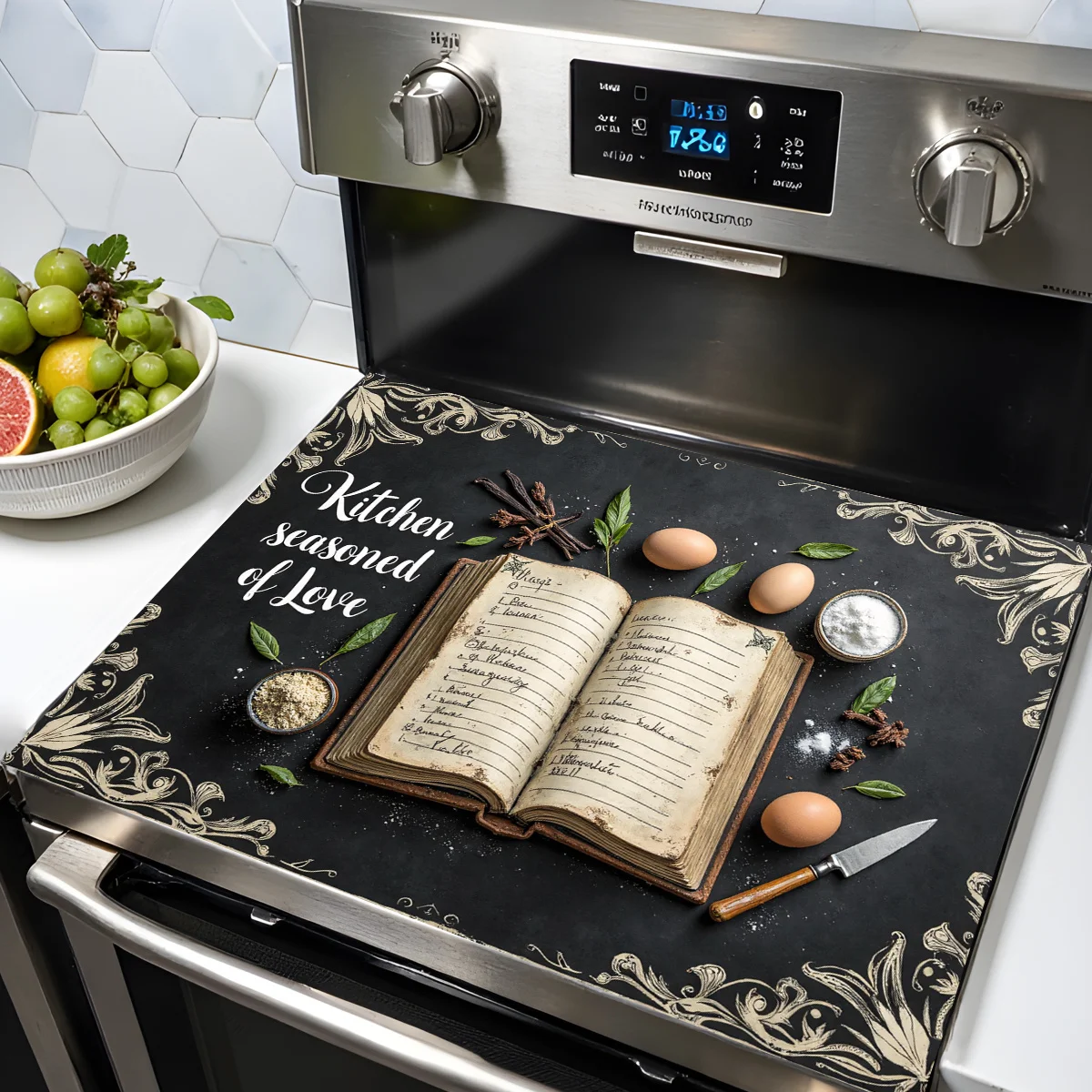 Recipe Design Stove Top Cover Egg Herb Spice Heat Resistant Non Slip Protector Mat for Electric Cooktop Dish Drying Pad Decor