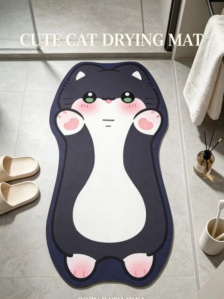 Cute Shy Black White Cat Shaped Diatomaceous Earth Bath Mat, No Fluff Quick Water Absorbent Bathroom Floor Rug, Non Slip Quick D