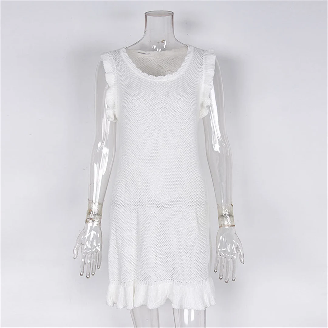 Neues, gerüschtes, ausgestelltes, gehäkeltes, gestricktes Tunika-Strandkleid, Strandkleidung, Strandmode, Strand-Cover-up, Damen V5471 – Detail 10