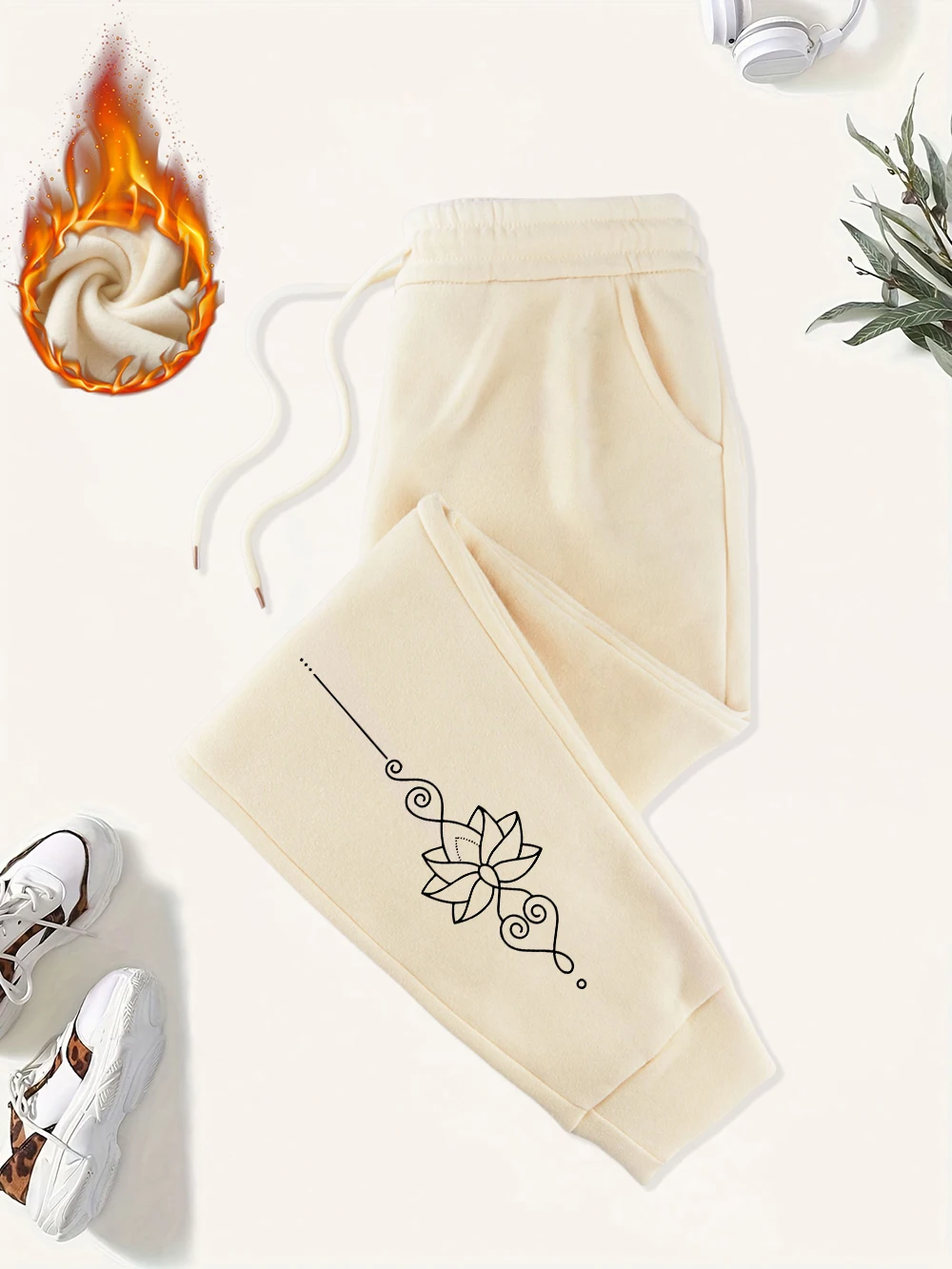Creative Lotus Pendant Printing Sweatpants Womens Winter Trousers All-Match Fleece Pocket Jogger Pants Basic Womans Clothing