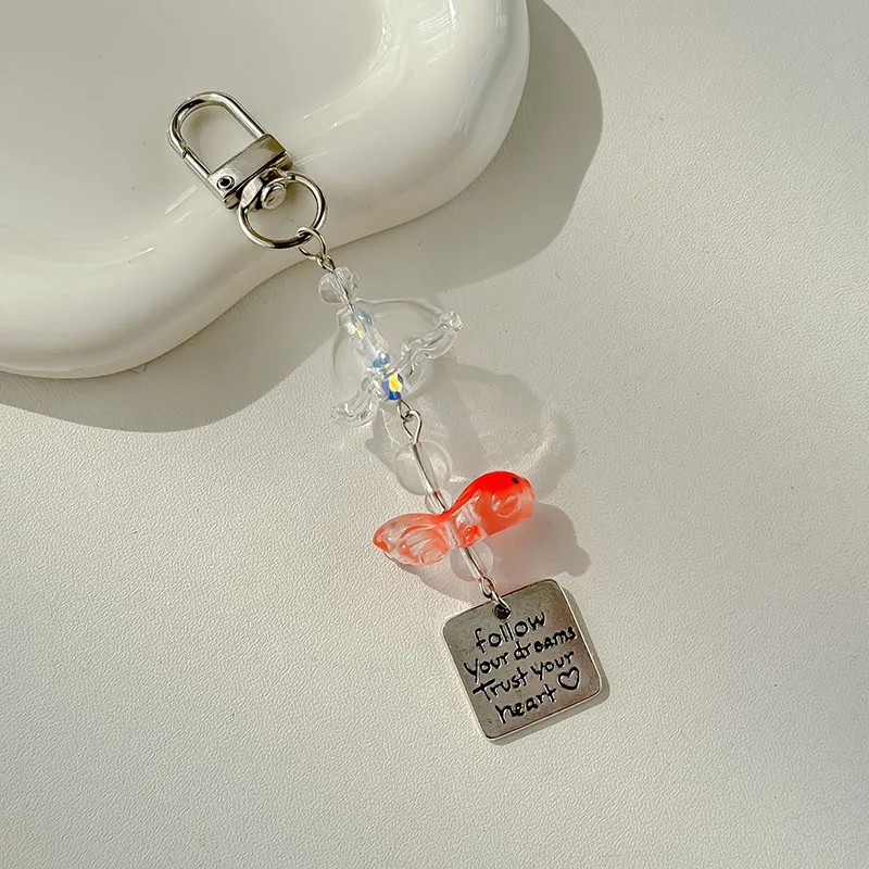 Transparent Glass Keychain Cute Goldfish Wind Chime Pendant Backpack Mobile Phone Lanyard Car Interior Car Pendant Decoration