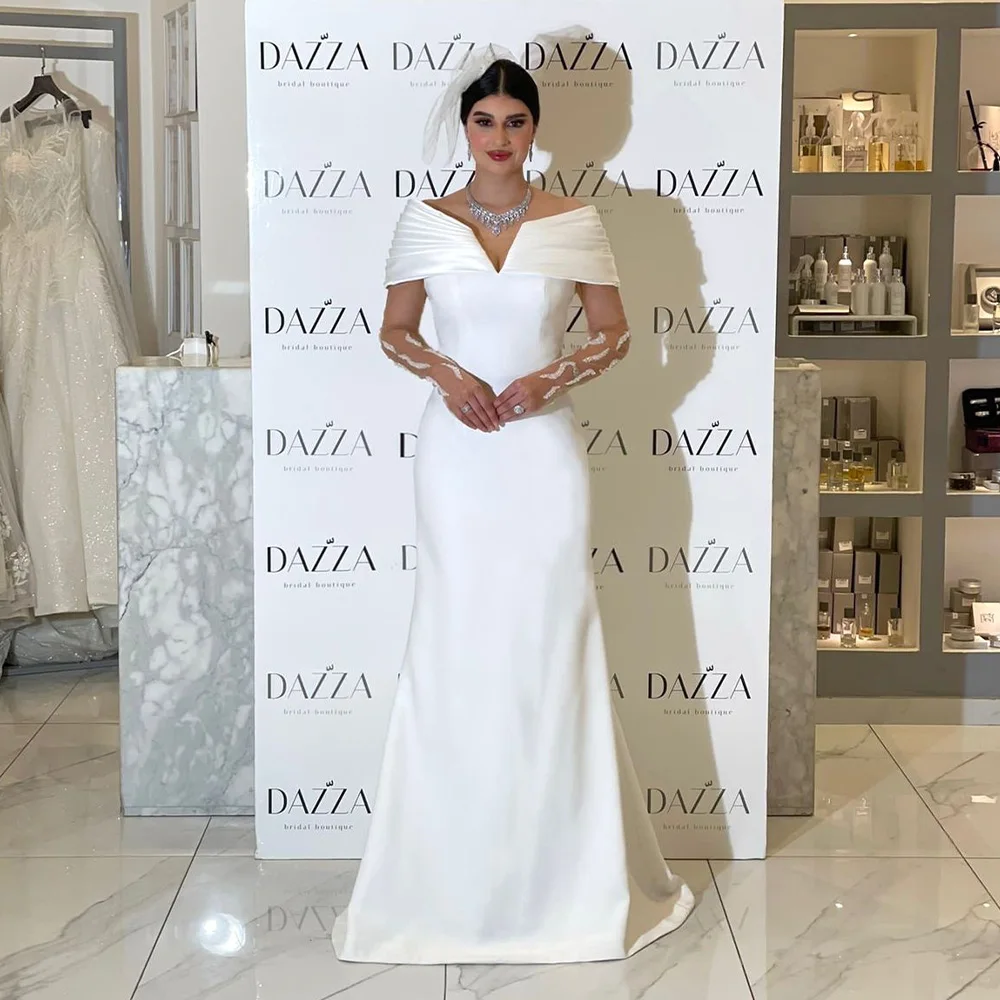 Customized Off Shoulder Satin Mermaid Wedding Dress V Neck Pleated Bodice Fitted Slim Sweep Train Minimalist Bridal Gown