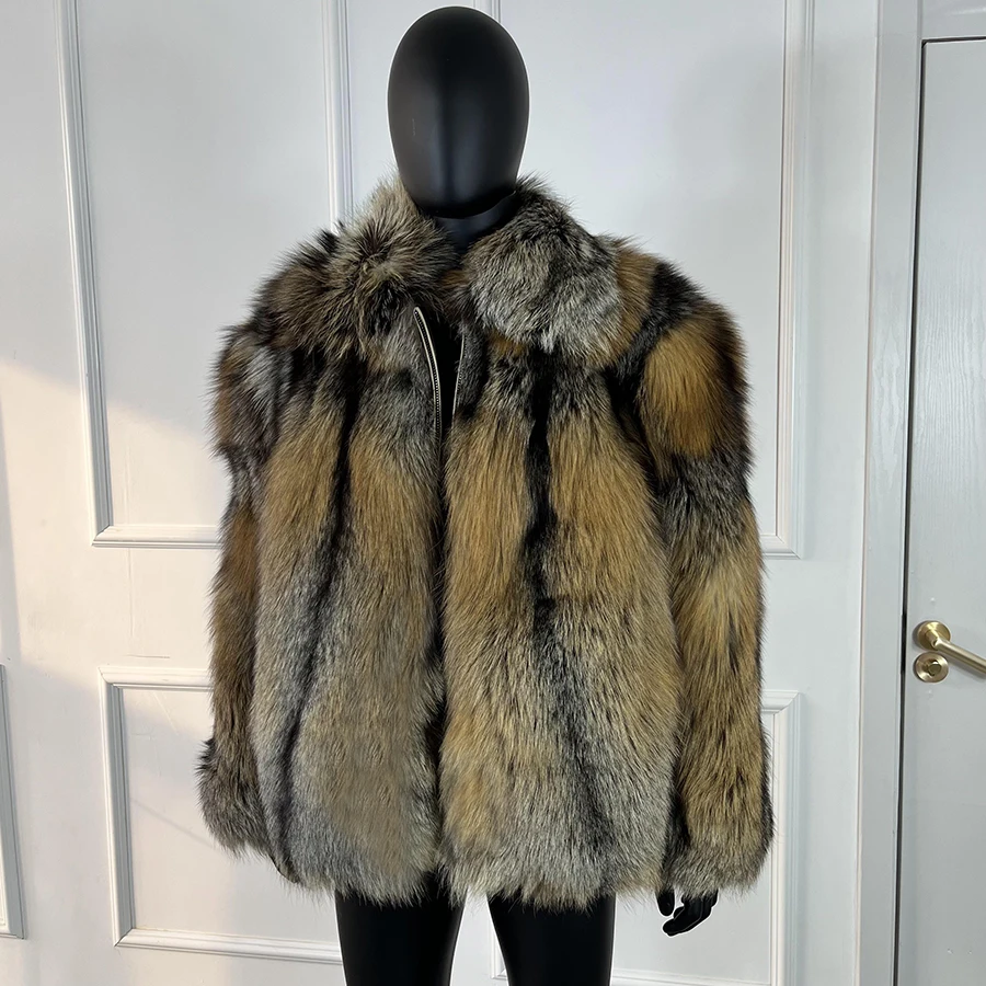 Men's Natural Crystal Fox Fur Coat With Cross Cut Collar Short Fox Fur Zippered Jacket Luxury Genuine Fur Full Skin Jacket