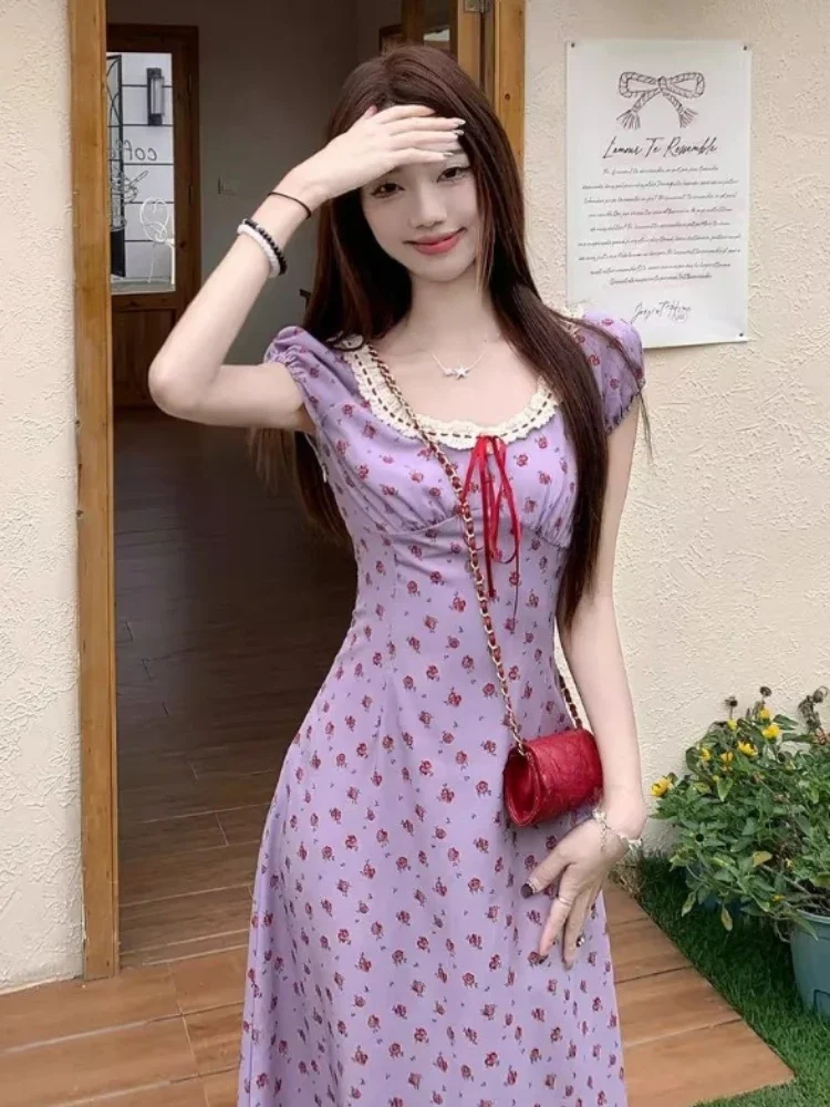 Robe Vintage en dentelle pour femmes, imprimé floral, Patchwork, taille haute, tempérament coréen, Maxi, 2025