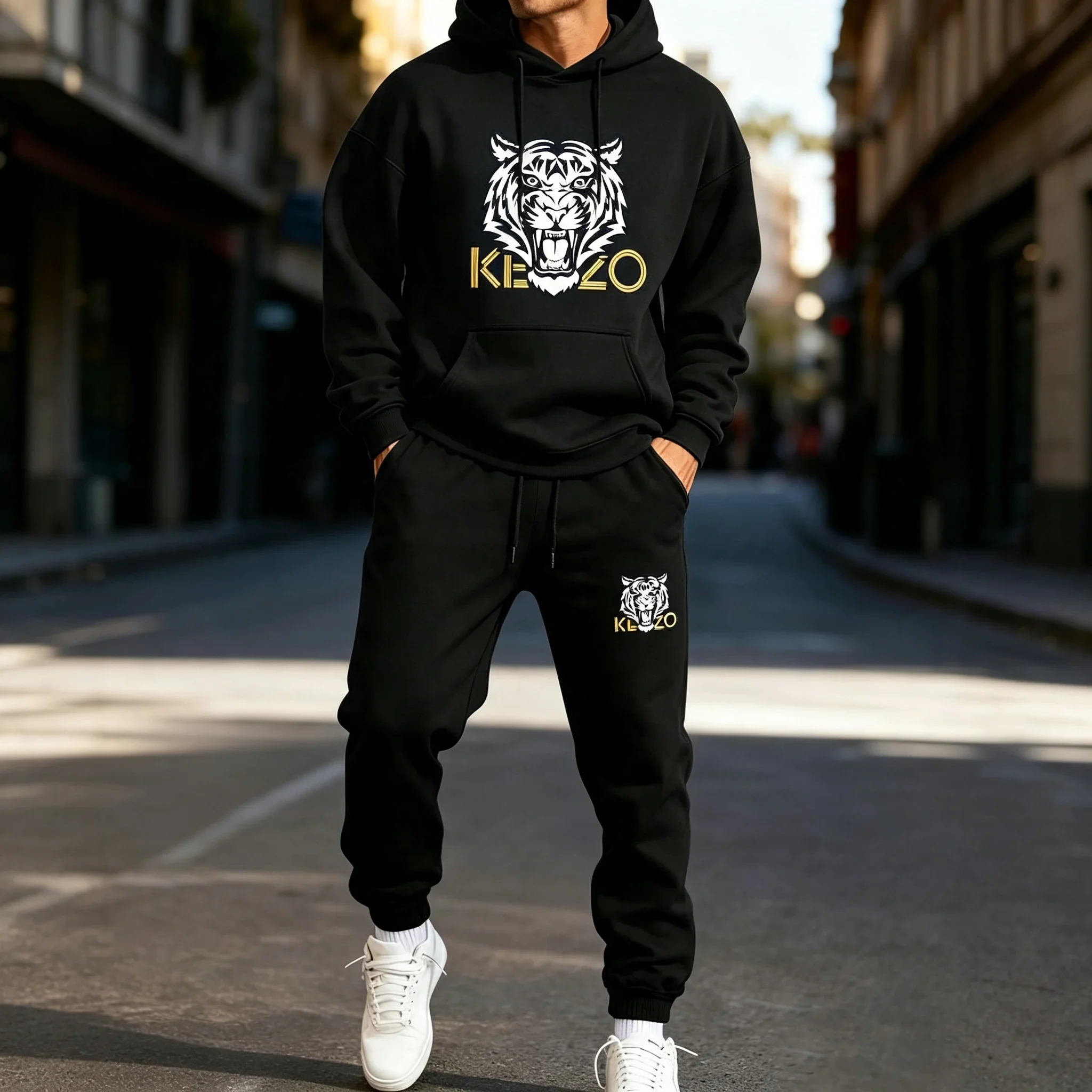 Men's Autumn New Tiger Print Casual Tracksuit Hoodie & Sweatpants 2 Piece Set Streetwear Running Sports Outfit sets+of+man