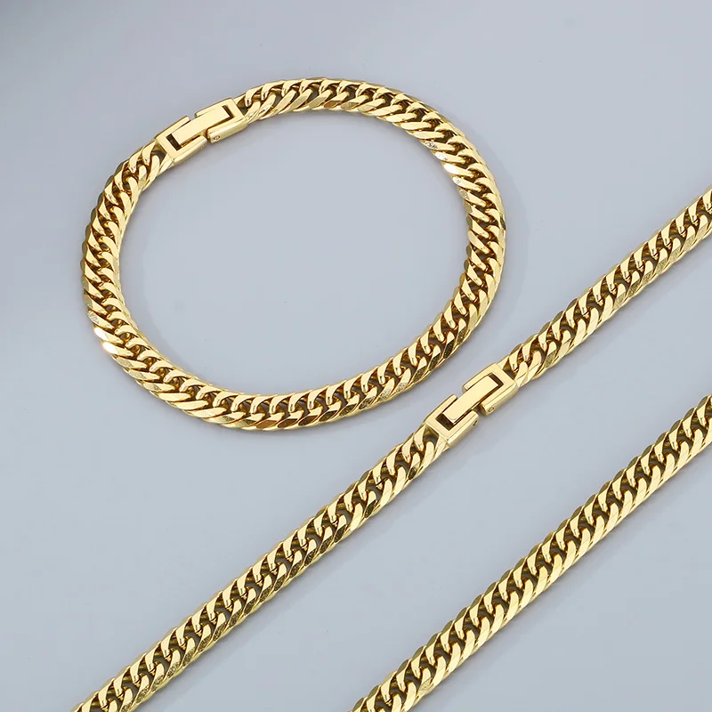 

Gold Jewelry Set Fashion Miami Curb Chain Stainless Steel Necklace Bracelet 8mm wide