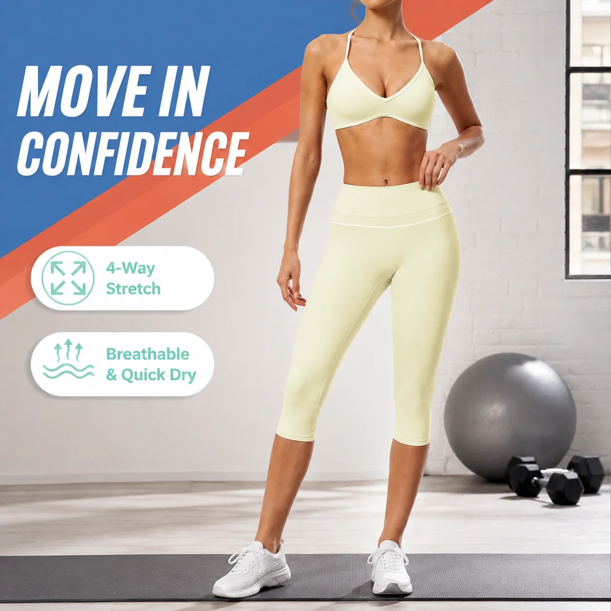 Women 2 Piece Yoga Set Deep V Spaghetti Strap Cropped Bra High Waist Capri Leggings Activewear Gym Fitness Workout