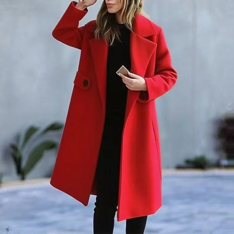 2025 New Plus Size Pure Color Autumn Winter Woolen Coat for Women Comfortable Casual Street Style Mid-Length Loose Fit Coat