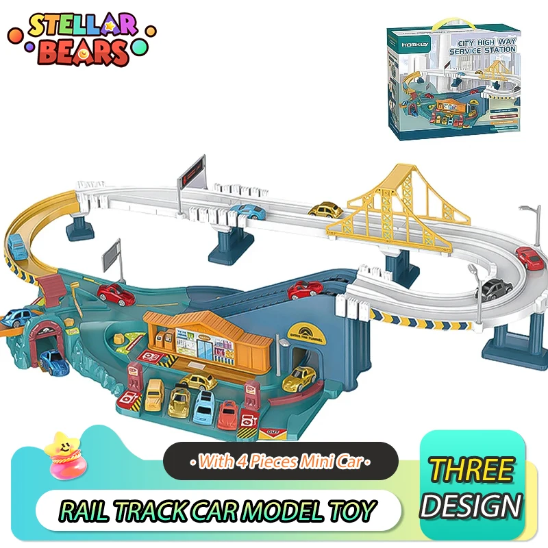 DIY Assembled Track Railcar Toy Parking Lot Rail Car Inertia Vehicle City High Way Station Toys with Mini Race Cars Boys Gift