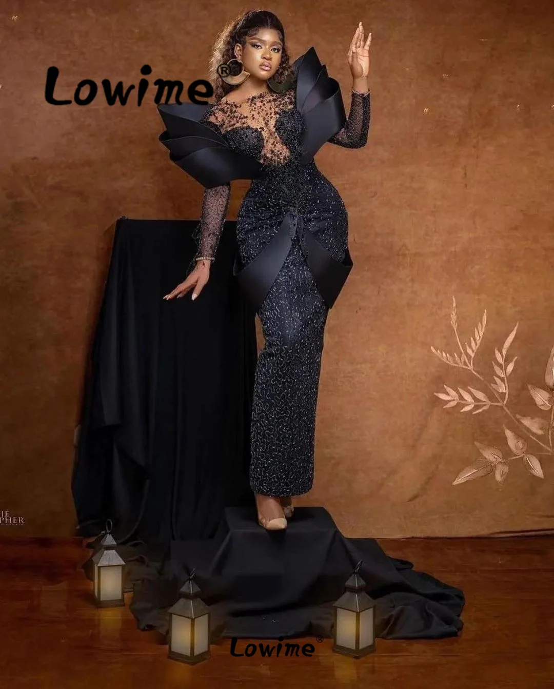 Black Evening Dress Long Sleeve Floor Length African Plus Size Party Gowns 2024 Customize Mermaid Beaded Off Shoulder Prom Dress