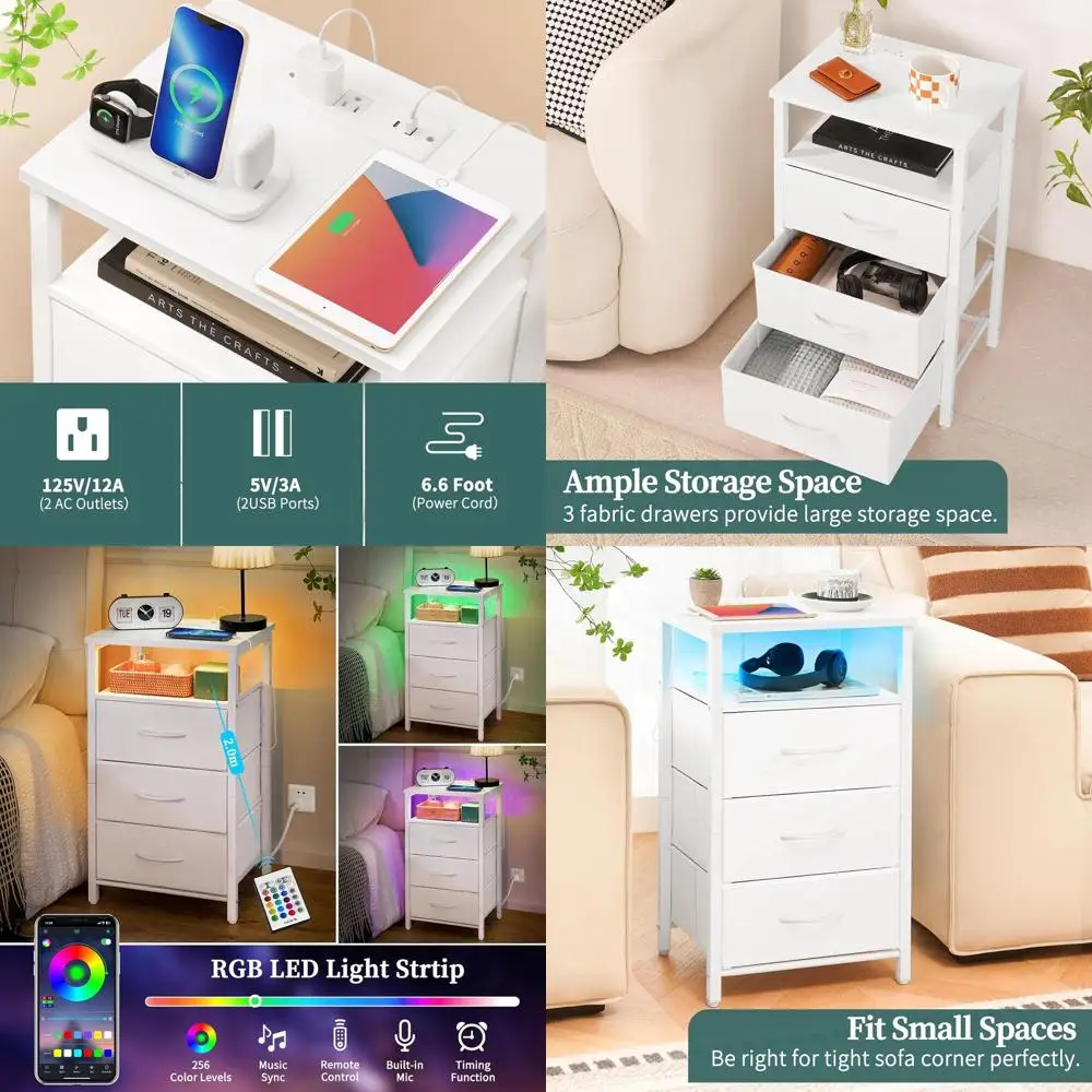 

Современная прикроватная тумбочка со светодиодной подсветкой, портами для зарядки, местом для хранения и тканевыми ящиками для небольших помещений — белая