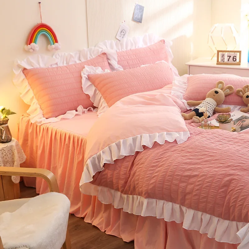 

French Style Foam Bedding Sets with Lace Solid Color Romantic Summer Soft Comforter Set Twin Full Queen King Size Bed Linens