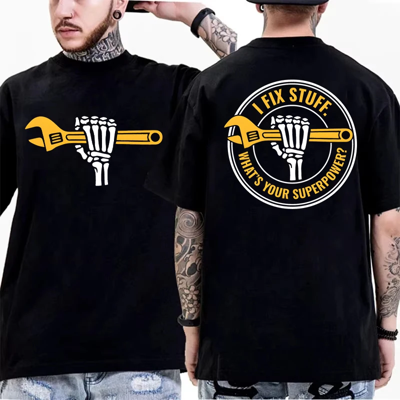 I Fix Stuff What's Your Superpower Doppelseitiges T-Shirt für Herren, lustiges Skelett-Hand-Schraubenschlüssel-Grafik-T-Shirt, kurzärmelig, O-Ausschnitt
