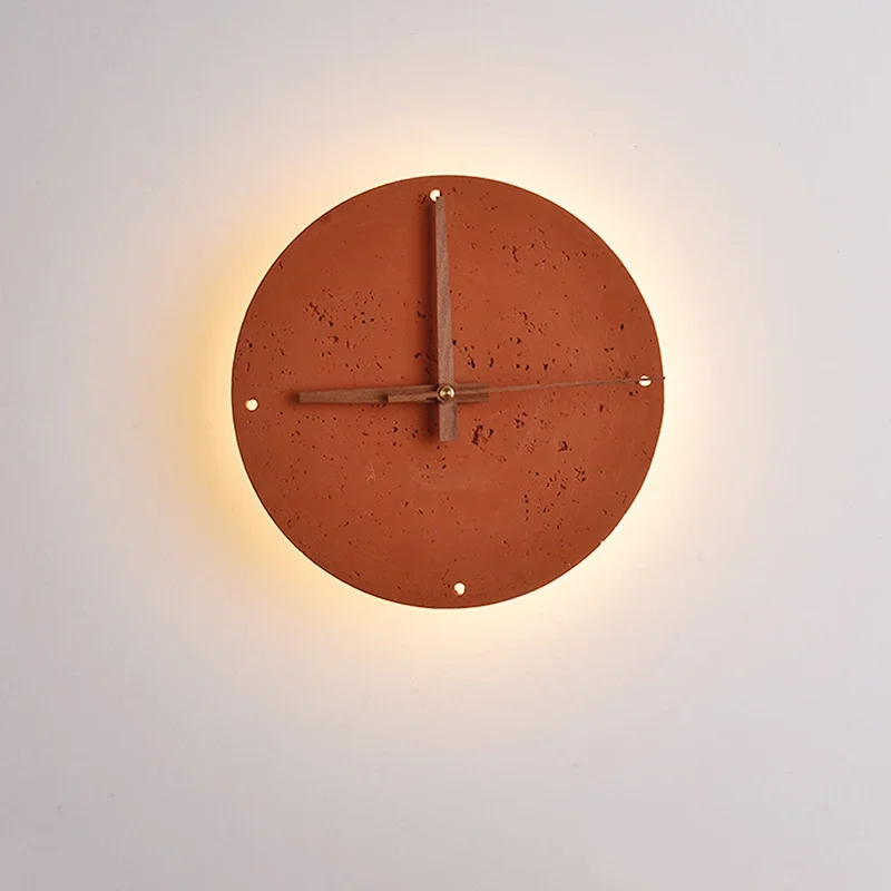 

Coral Red Clock Wall Lamp Led 10W Circular Travertine Living Room Homestay Hotel Bedroom Bedside Corridor Retro Stone Sconce