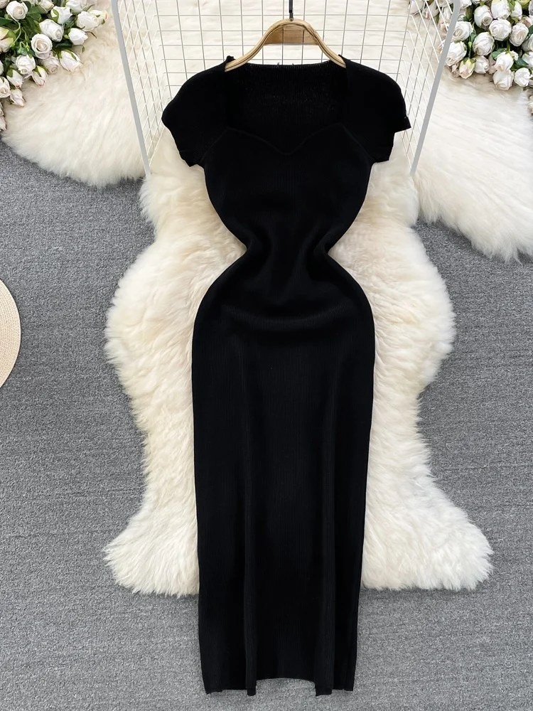 Coreano Sle Summer Knitted Dr Colletto quadrato ow Clavicola Dimagrante di media lunghezza Ba Split Wrap around Body a vita alta