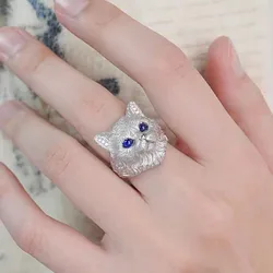 Cute Blue Zircon Cat Rings Charm Crystal Adjustable Animal Ring for Women Female Party Jewelry Engagement Wedding Ring Gifts