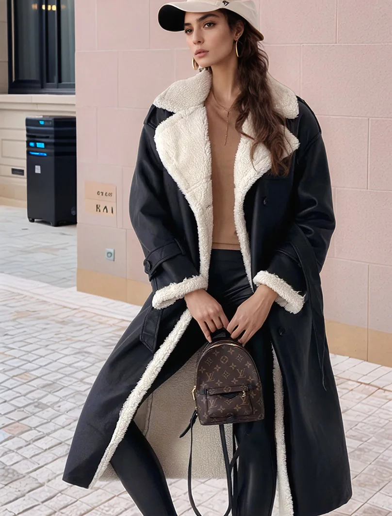 Faux Leather Coat Women 2025 Autumn Winter Plush Jackets Turn Down Collar Reversible Wear Overcoat Outawear Faux Fur Long Coats