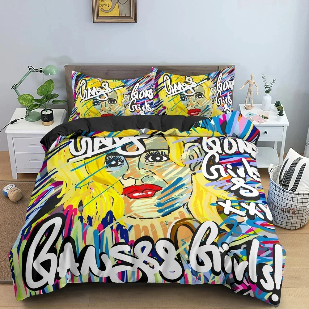 Exquisite Cartoon Graffiti Bedding Set,Duvet Cover Comforter Bed Set Quilt Cover Pillowcase,King Queen Twin Size Boys Girls Adul
