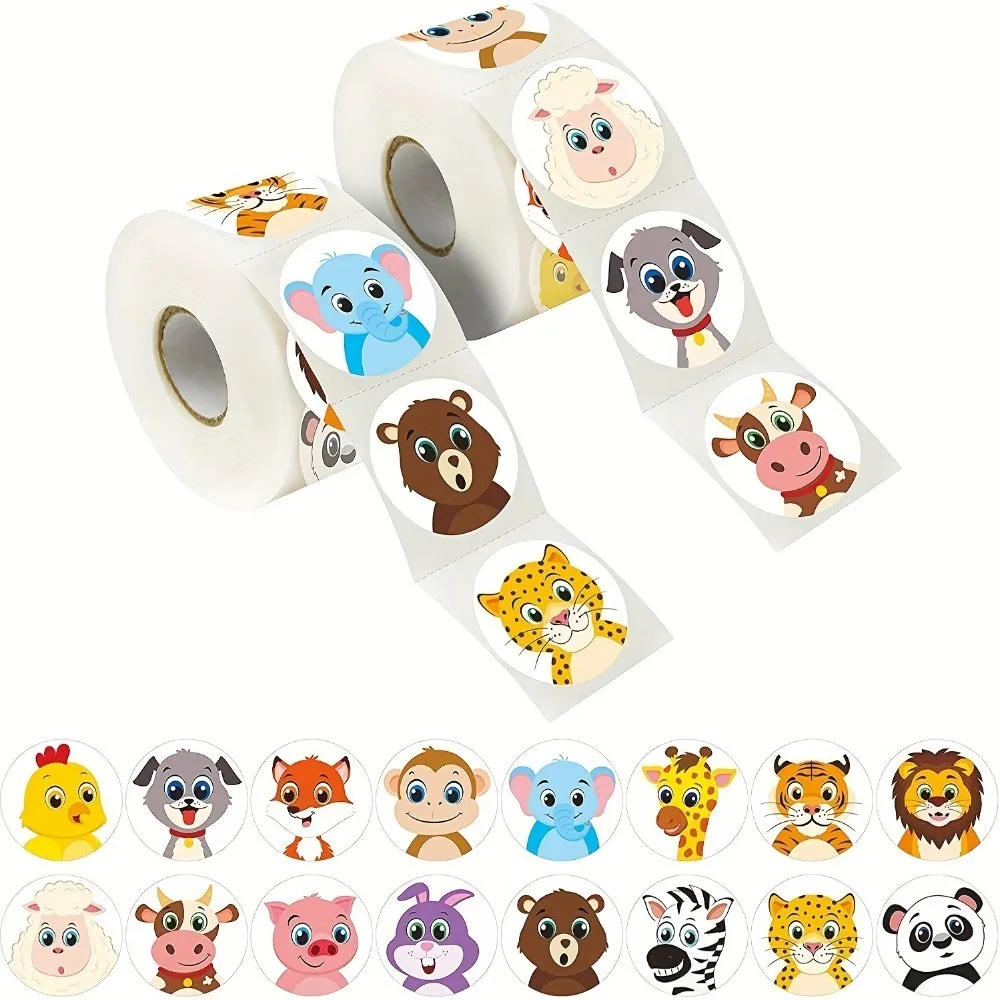 500 pieces/roll, 2 rolls of 16 cartoon animal stickers, teacher rewards gifts and decorations for office stationery