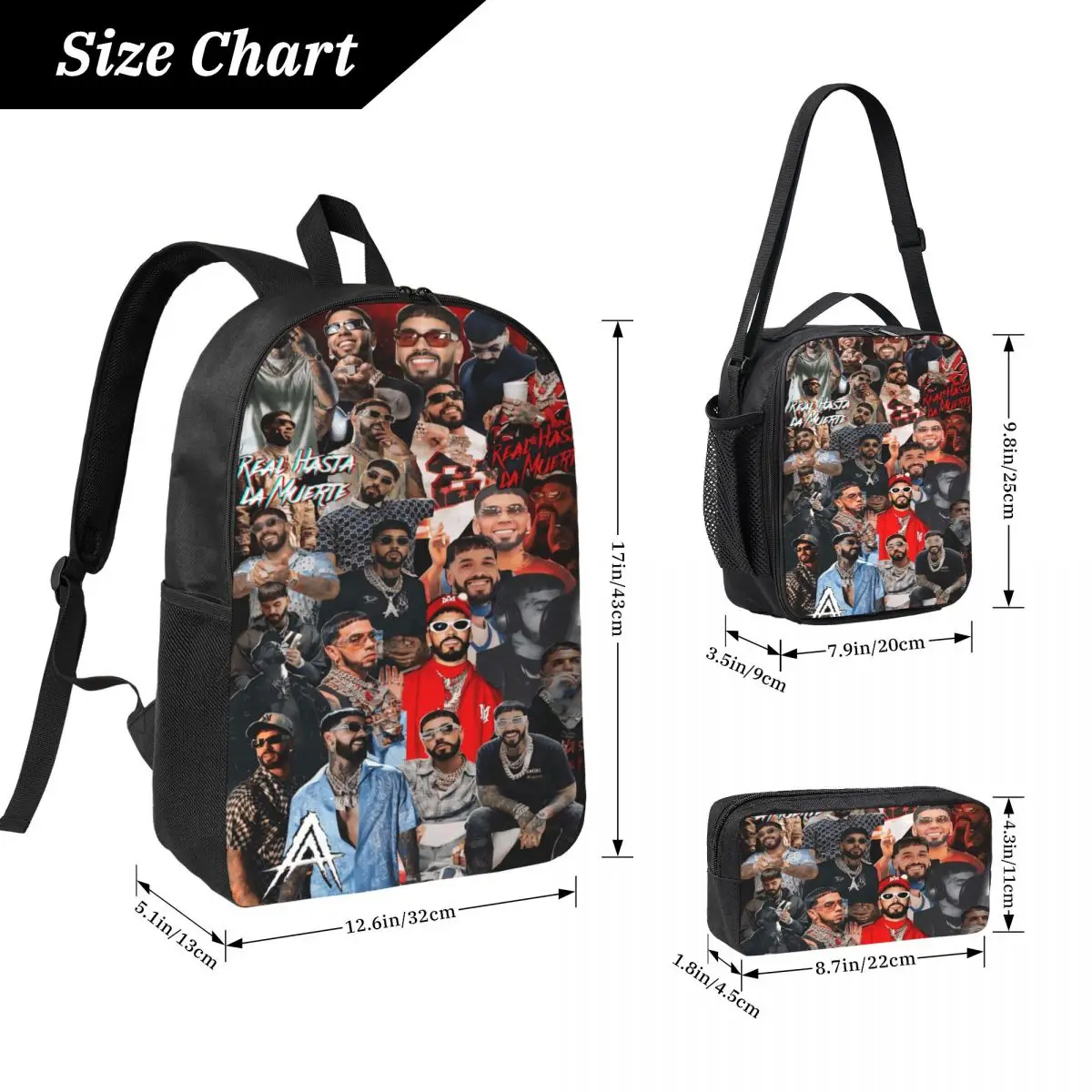 Anuel AA Rapper Singer Kids Backpack Lunch Box Pen Bags for Boys Girls Backpacks School bag Bookbag Set