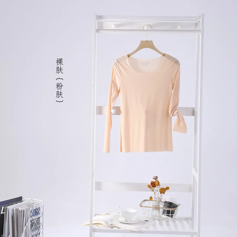 Ice Silk Traceless Women Bottom Underwear Top Spring Autumn Long Sleeved Sleepwear T-shirt One Piece Pajamas Casual Night Shirt 2