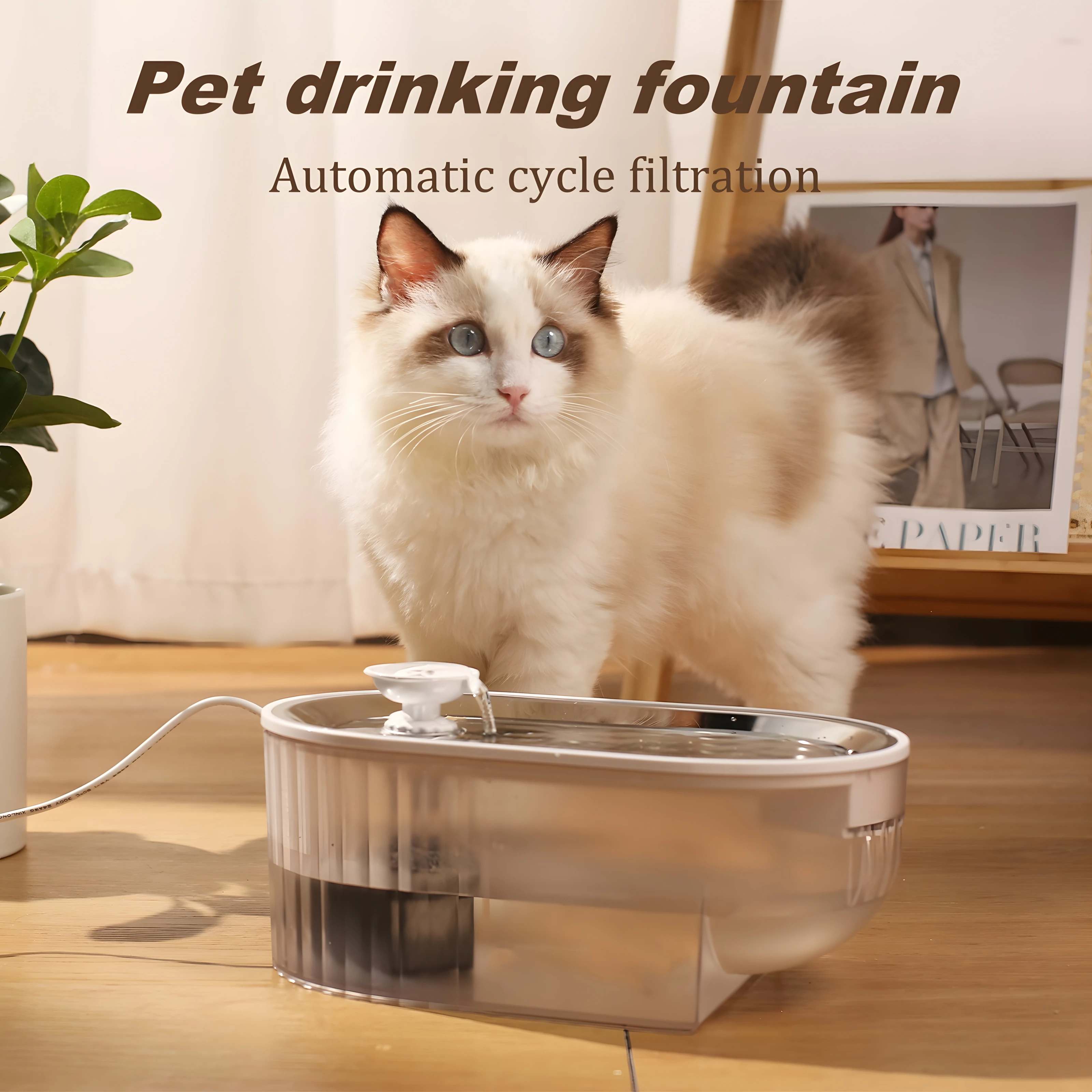 

Smart Cat Water Fountain 2.5L Large Capacity Automatic Pet Water Dispenser with Stainless Steel Tray Easy Clean with LED Light