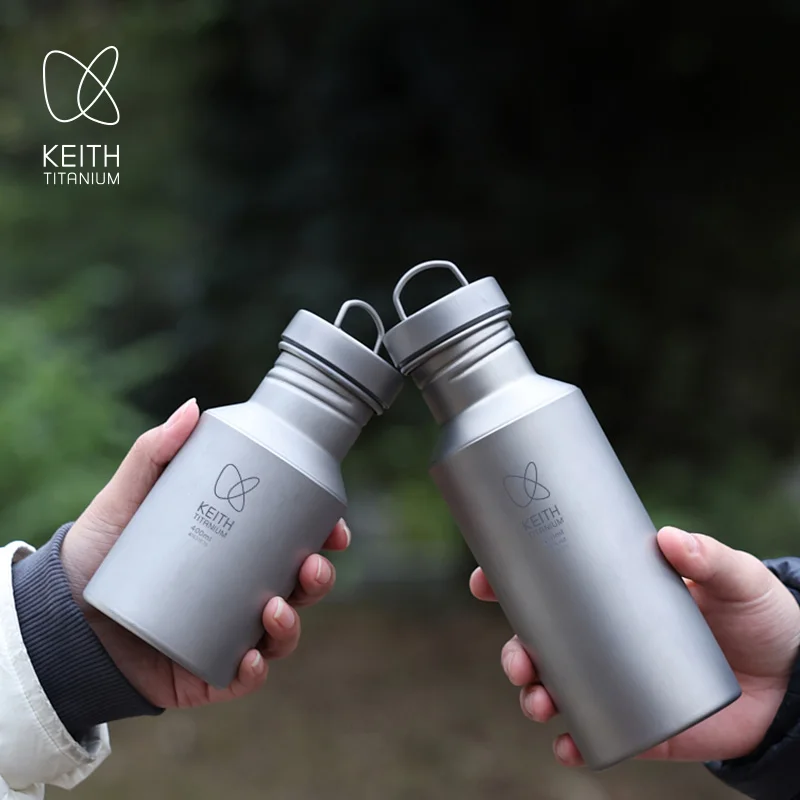 KEITH Pure Titanium Sports Bottle Ultralight Portable Leakproof Water Cup with Storage Pouch for Outdoor Camping Hiking Gym