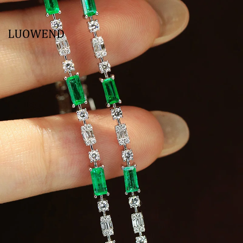 LUOWEND 100% 18K White Gold Bracelet Elegant Style Natural Emerald Gemstone Bracelet for Women Wedding High Diamond Jewelry