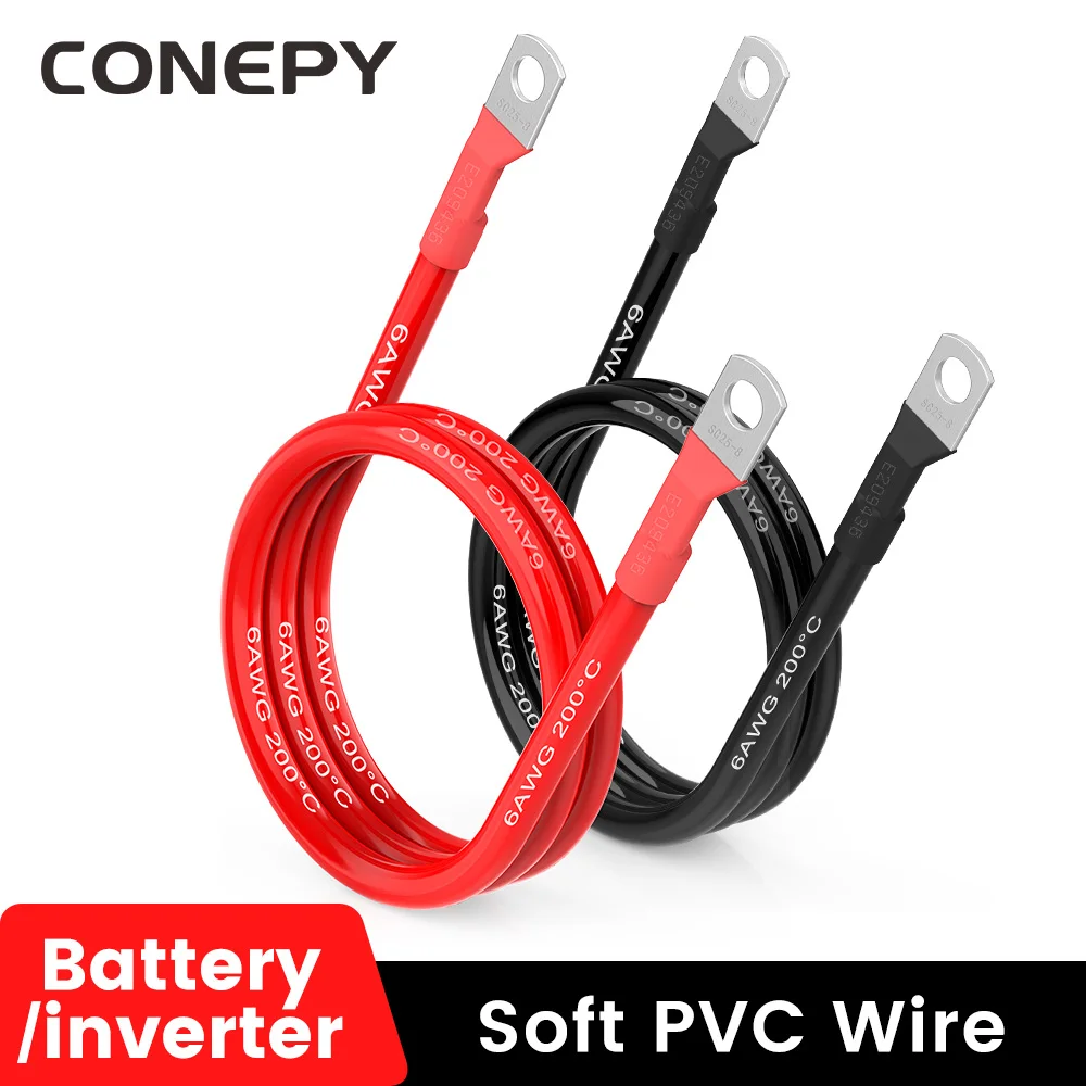 CONEPY Battery Power Inverter Cables 2AWG 4AWG 6AWG 8AWG Silicone Tinned Copper Wire M6/8/10 For Solar Panel Trolling Automotive
