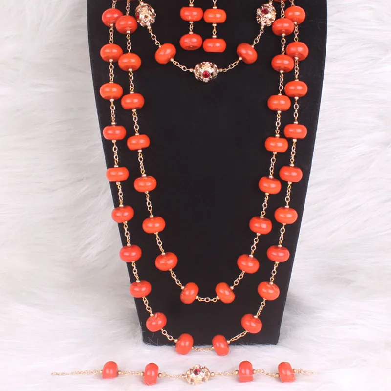 Dudo Fashion African jewellery Set Trendy Coral Beads Necklace Earrings Bracelet 3 Pieces Weddings set