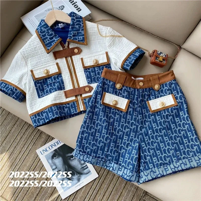 High Quality Vintage Classic Short  Suit Women 2023 Summer Short Sleeve Zipper Tops High Waist Shorts Two Piece Set Streetwear