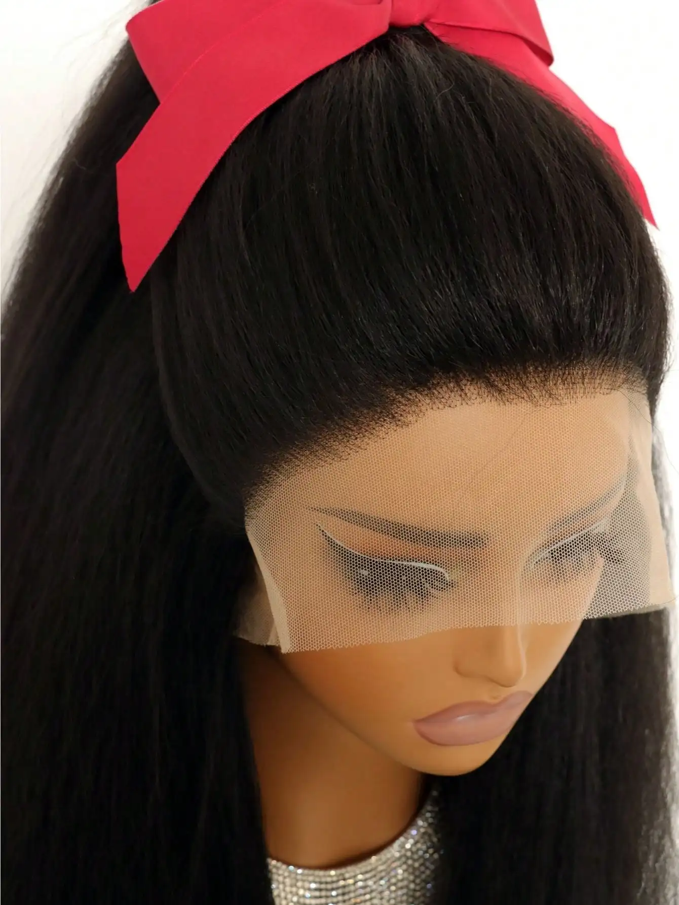Perruque Lace Front Wig synthétique Yaki longue et douce, cheveux crépus lisses, noir naturel, 13x4, densité 180, sans colle, pour femmes