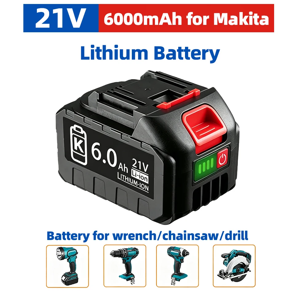 

Литий-ионный аккумулятор 18В 21В 6.0Ач повышенной емкости, замена для электроинструментов Makita 18В: дрелей, гайковертов, пил, шлифовальных машин (аналог BL1830)