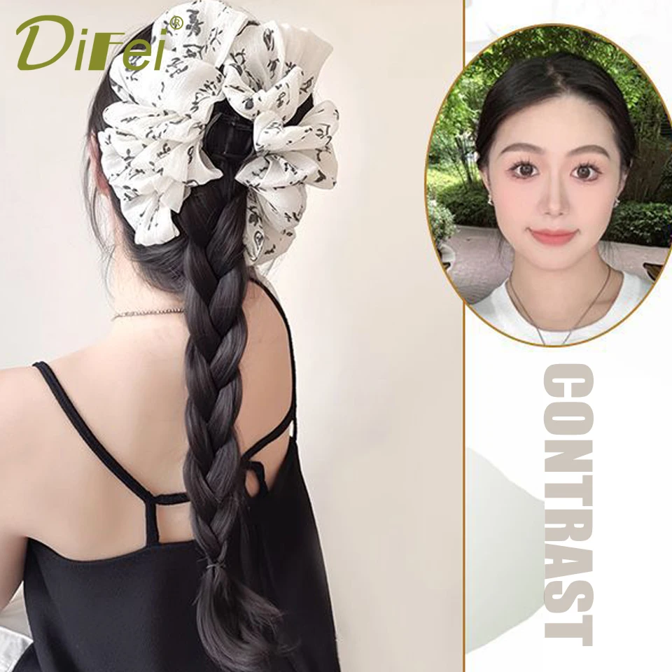 Claw Clip Braided Hair Synthetic Wig Female Ink Calligraphy Style Hair Band Fashion Side Braided Hair Grab Clip Ponytail Wig