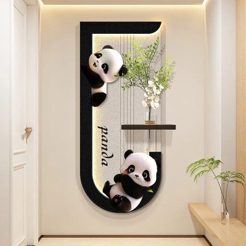Cream style panda entrance decoration painting hydroponics green plants corridor hanging sandstone mural lights