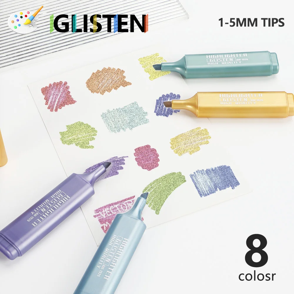 8 ألوان معدنية قلم فلورسنت عالي السعة للرسم وتدوين الملاحظات والقرطاسية المكتبية واللوازم المدرسية الفنية.