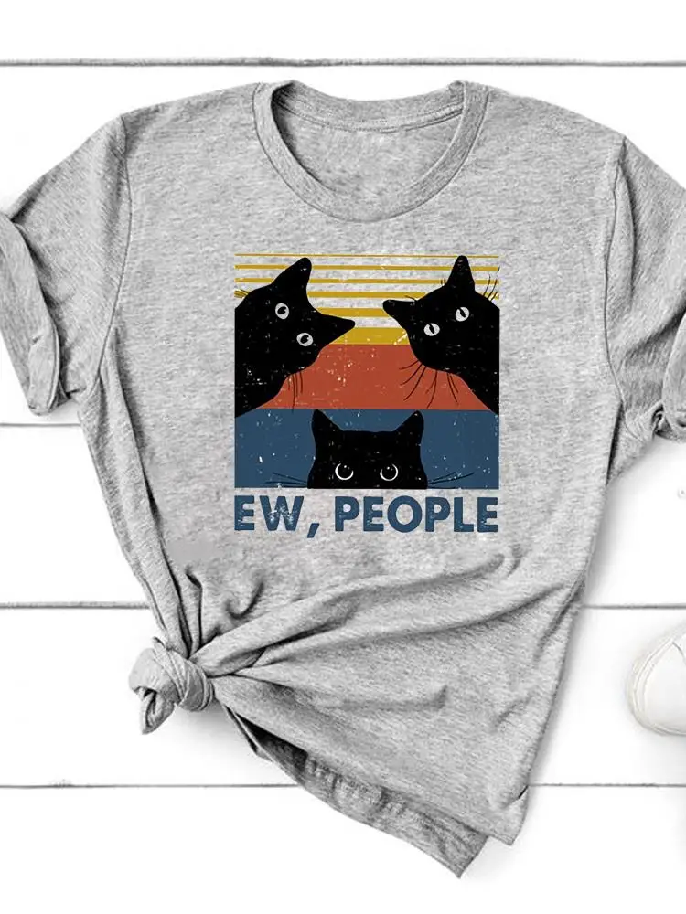 Striped Cat Face Funny Graphic T-shirt Clothing Summer Top Fashion Short Sleeve Women Print T Shirt Tee Basic Clothes