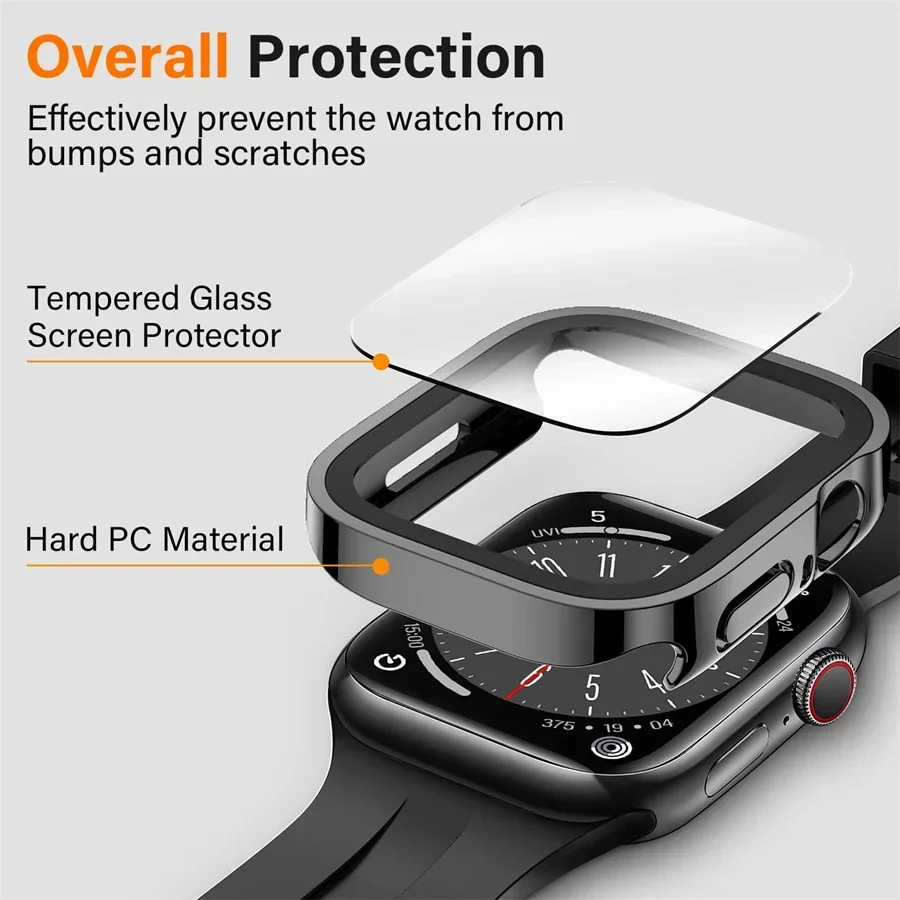 Glass+cover For Apple Watch case series 9 8 se 7 6 5 4 40mm 44m 41mm 45mm Straight Edge Screen Protector apple watch accessories