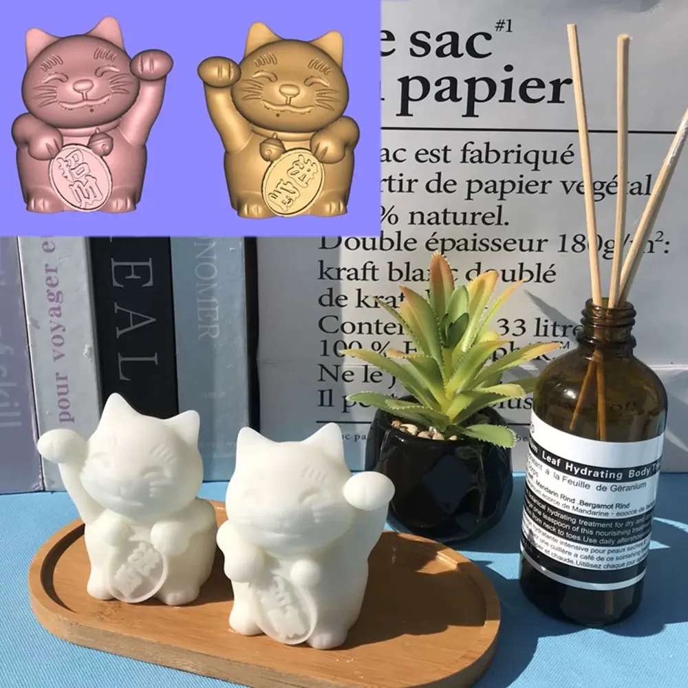 2pcs/Set Lucky Cat Silicone Mold Cat Ornament Symbolizing Beautiful Meanings Soap Gypsum Cement Mold Fortune Cat Resin Mold