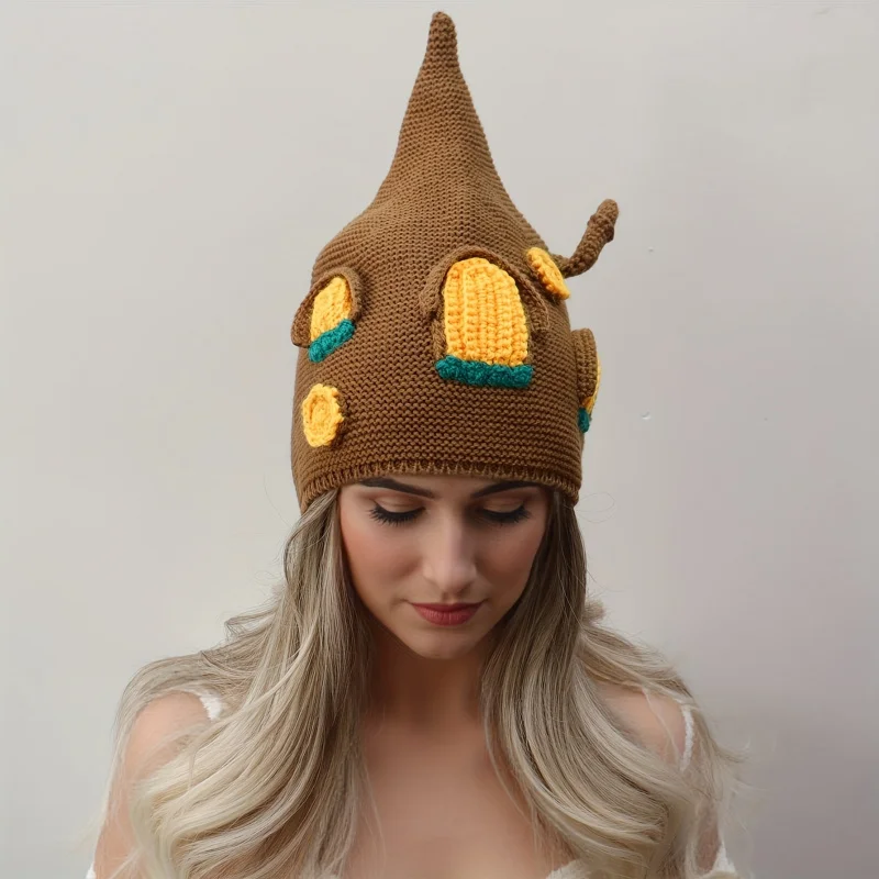 Handmade Brown Treehouse Hat Cute Pointed Top Resembling Small Forest House for Whimsical Halloween Costumes