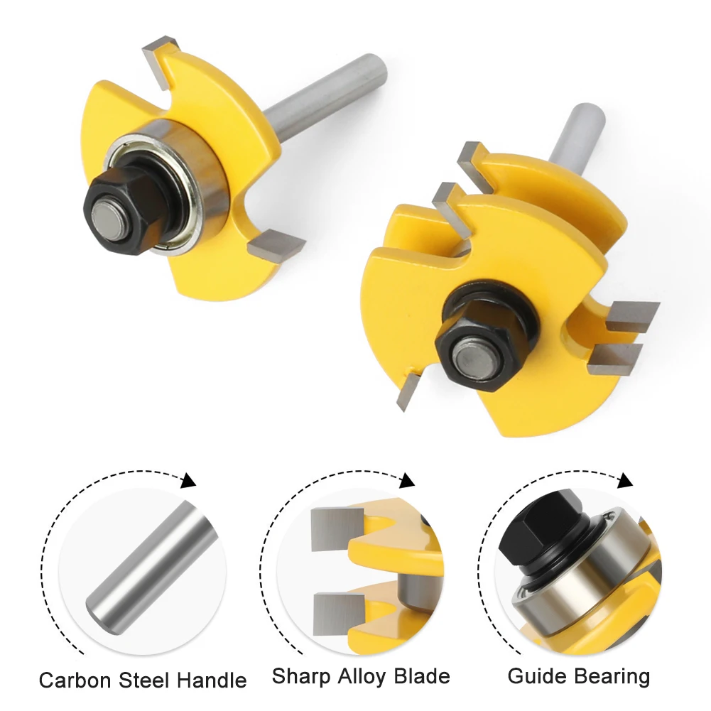2Pcs 8mm Shank Tongue & Groove T-Slot Milling Cutter Joint Assemble Router Bits for Flooring Panel Wood Cutting Tools 6mm/6.35mm