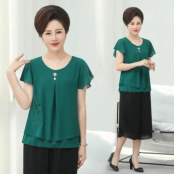캐주얼 패션 반팔 쉬폰 셔츠, 루즈 커버 고기 자수 블라우스, 크롭 팬츠 투피스 세트, 여름 신상