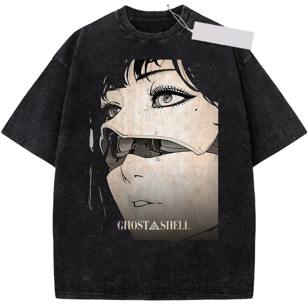 Hot Anime Ghost in The Shell Washed T Shirt Harajuku Streetwear Soft Cotton Summer Tops Tee Shirt for Men Women Hip Hop T-Shirt