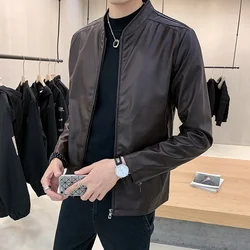 Spring autumn fashion casual men's leather jacket zipper stand collar loose motorcycle leather jacket faux leather men's coat