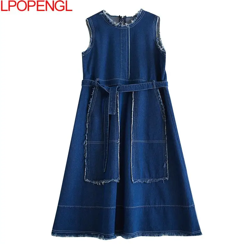 Imagem -05 - Vestido Casual de Meia Panturrilha Feminino Bolsos com Retalhos Solto Gola o Linha a Pulôver Jeans sem Mangas Streetwear Primavera e Verão Bolsos 2024