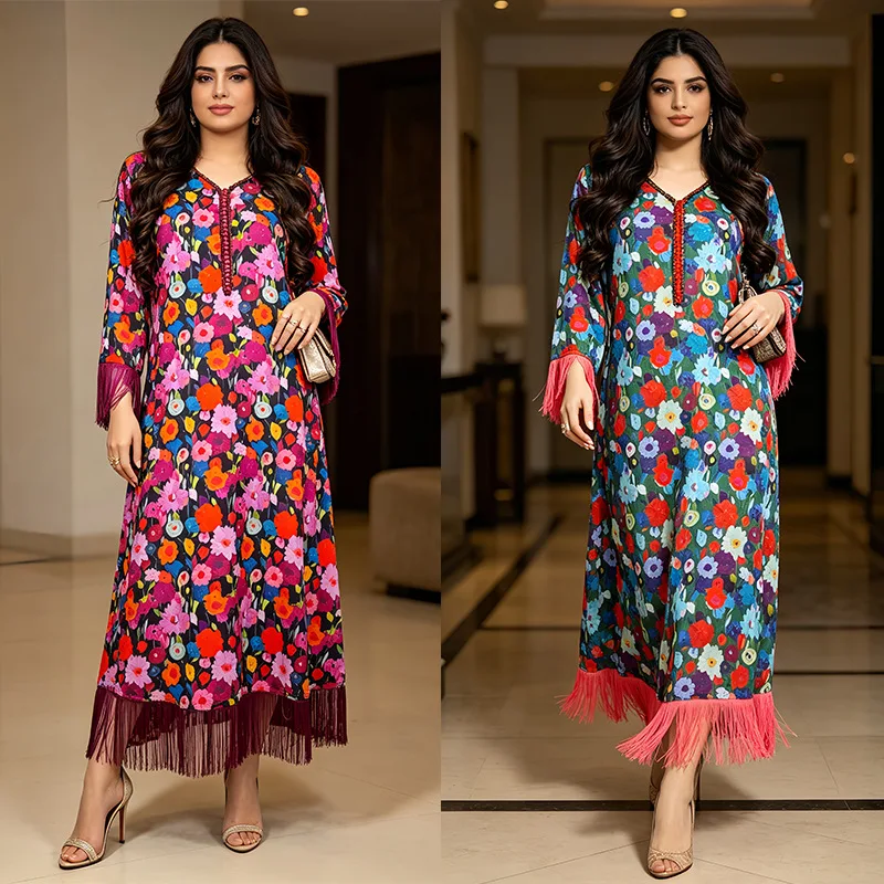 Print Dress Women Eid Abaya Tassels Dresses Muslim Arab Long Robe Jalabiya Ramadan Morocco Dubai Abayas Kaftan Islam Vestidos