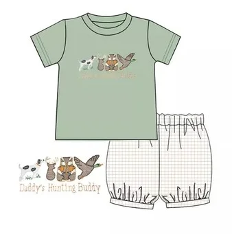 

2024 Boutique Baby Cotton Short Sleeved Green T-shirt Set Round Neck Animal Embroidery Boy Top Clothes And Lattice Shorts Suit