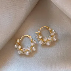 Korean New Design Fashion Jewelry 14K Gold Plated Acrylic pearl Flower Zircon Earrings Elegant Women's Daily Work Accessories