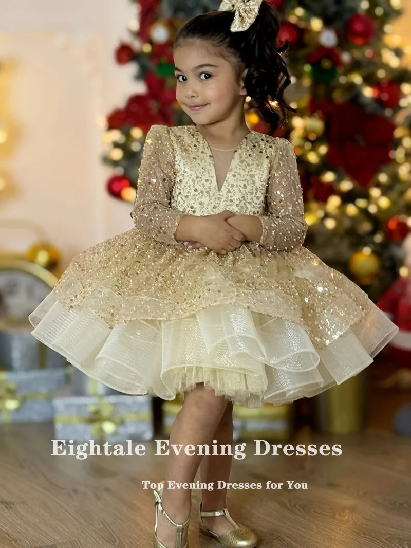 Robes à fleurs Champagne pour filles, Mini Costume personnalisé à paillettes et manches longues pour filles, robe Tutu de fête d'anniversaire pour enfants