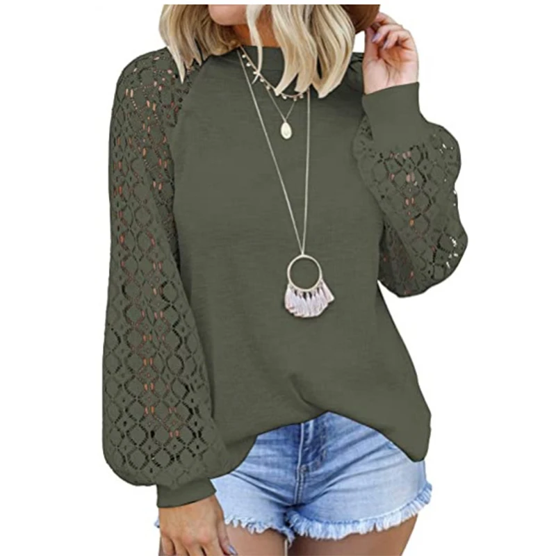 

Fashion Puff Sleeve Shirt Ladies Spring Crew Neck Loose Blouse Sexy Lace Stitching Pullover 2023 Casual Women Shirts Pure Blusa